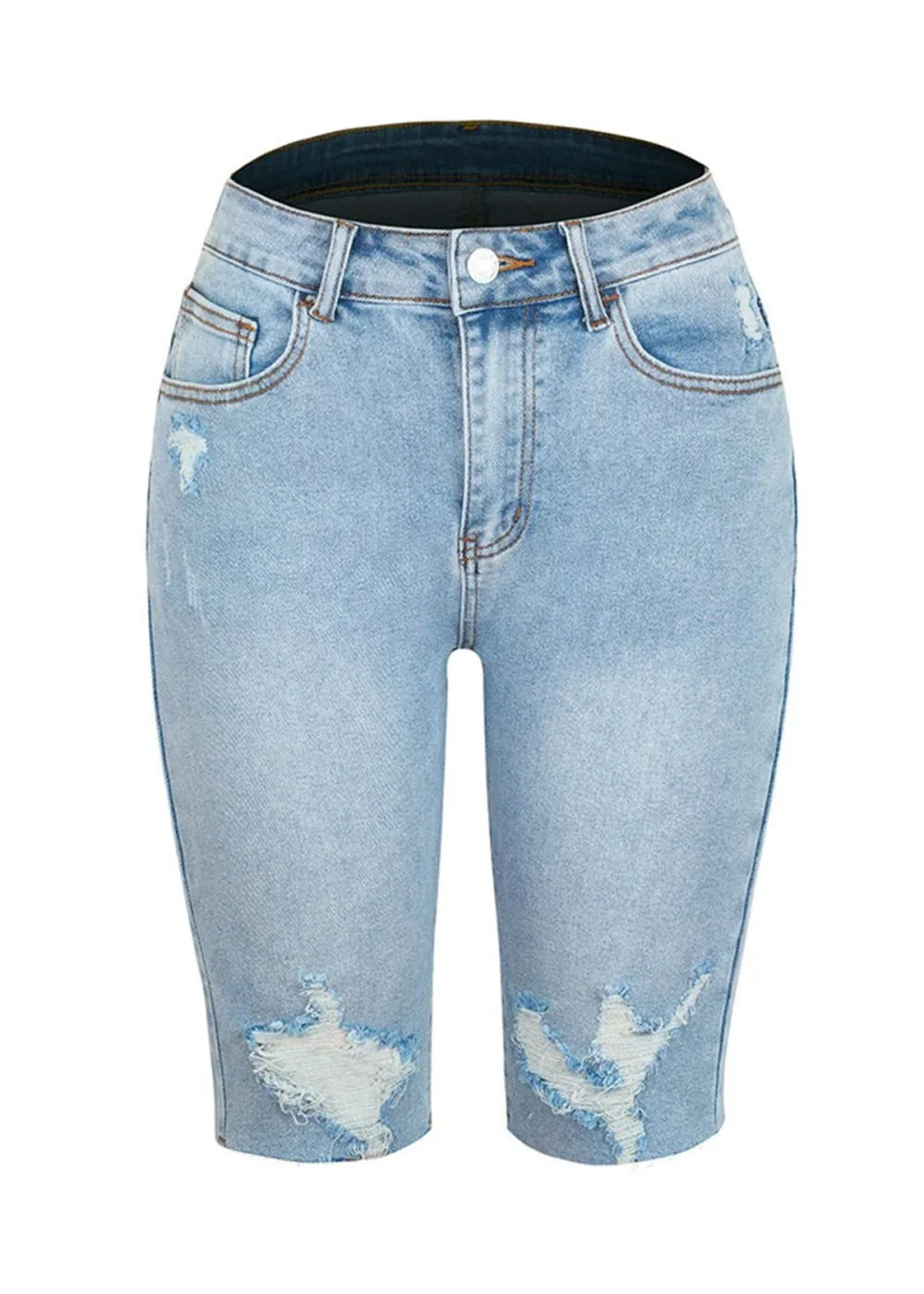 Light wash distressed denim shorts with frayed hem detail
