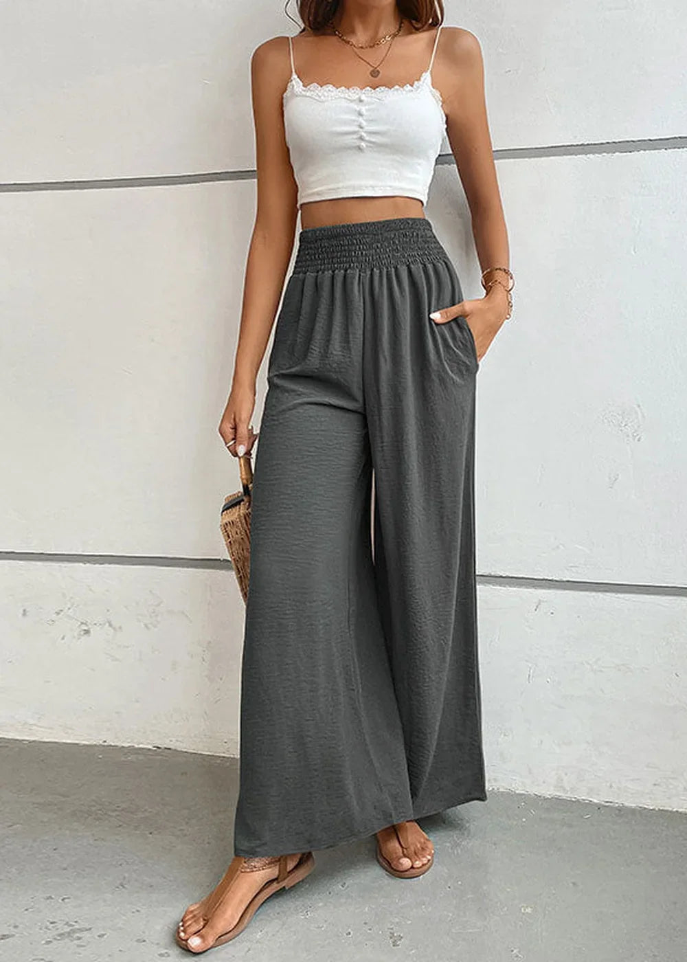 Charcoal grey flared wide-leg pants