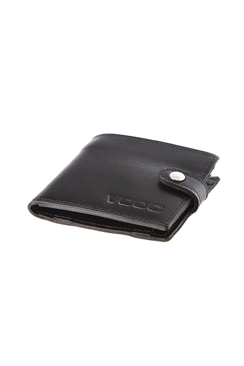 Black leather bifold wallet with embossed logo and snap closure.