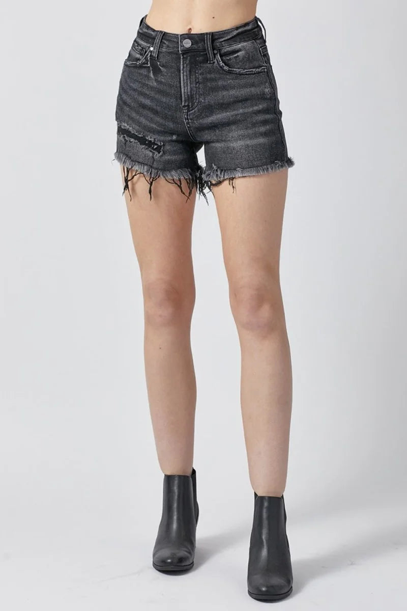 Distressed charcoal grey denim shorts with frayed hem and ripped details.