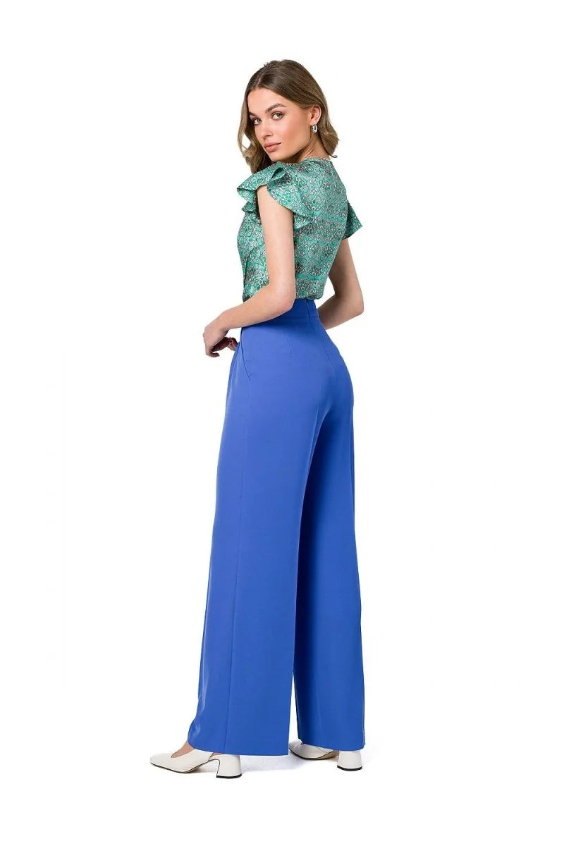 Cobalt blue wide-leg pants with a high waist, shown on a model.