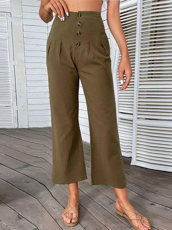 Olive green high-waisted wide-leg cropped pants with button closure and pleats.