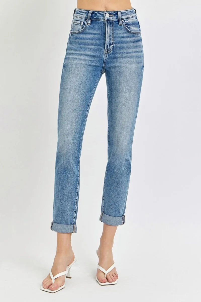 Light wash high-rise straight leg jeans with a cuffed hem and slight stretch.