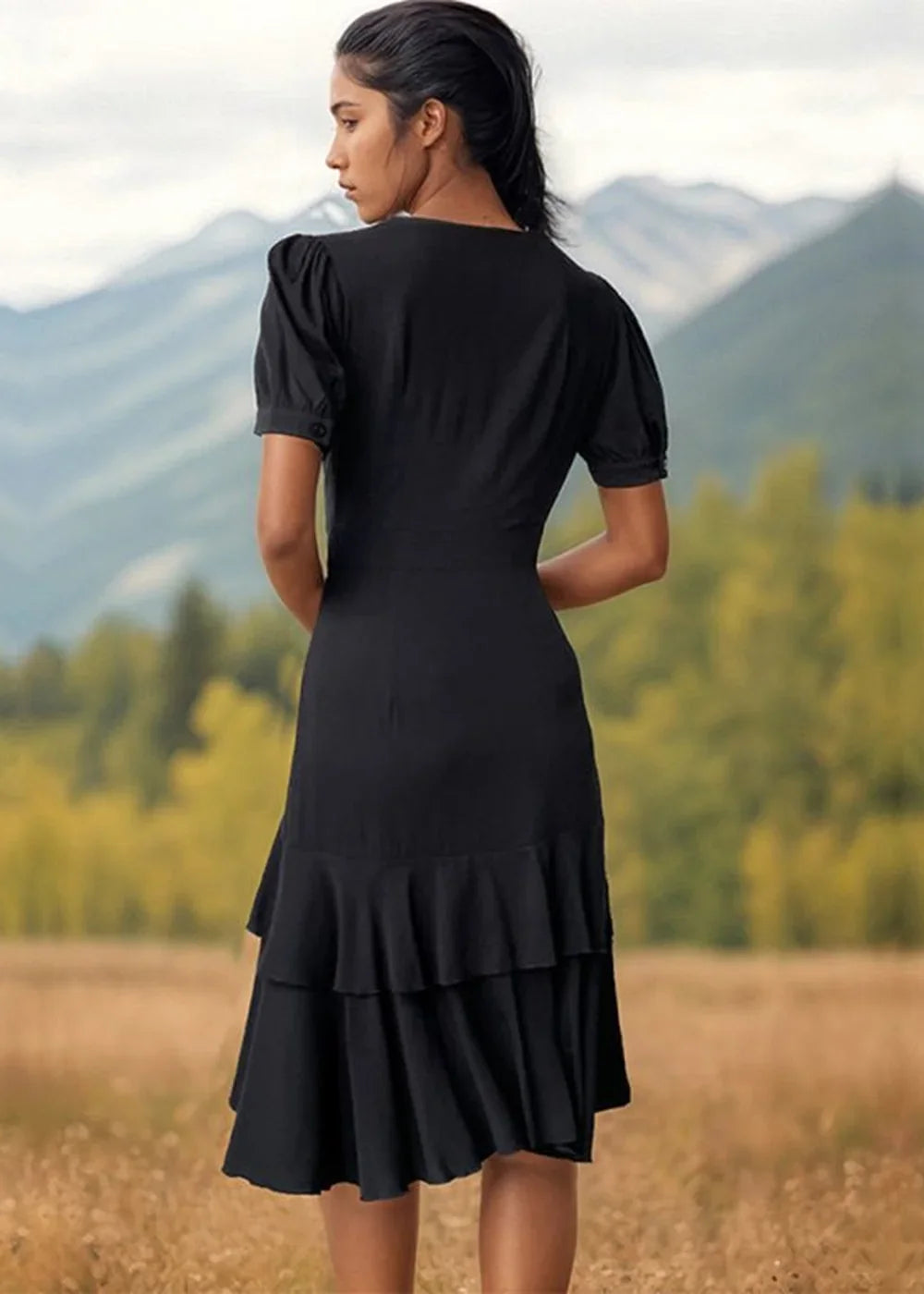 Black rayon dress with ruffled hem and puff sleeves, shown from the back on a model.