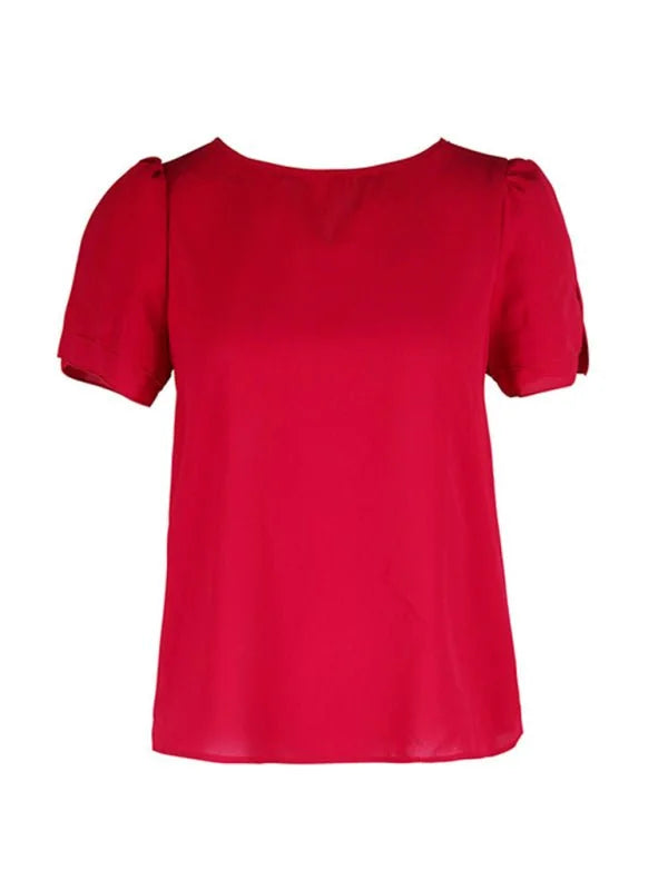 A bright red short-sleeve polyester top with a round neckline and puffed sleeves.