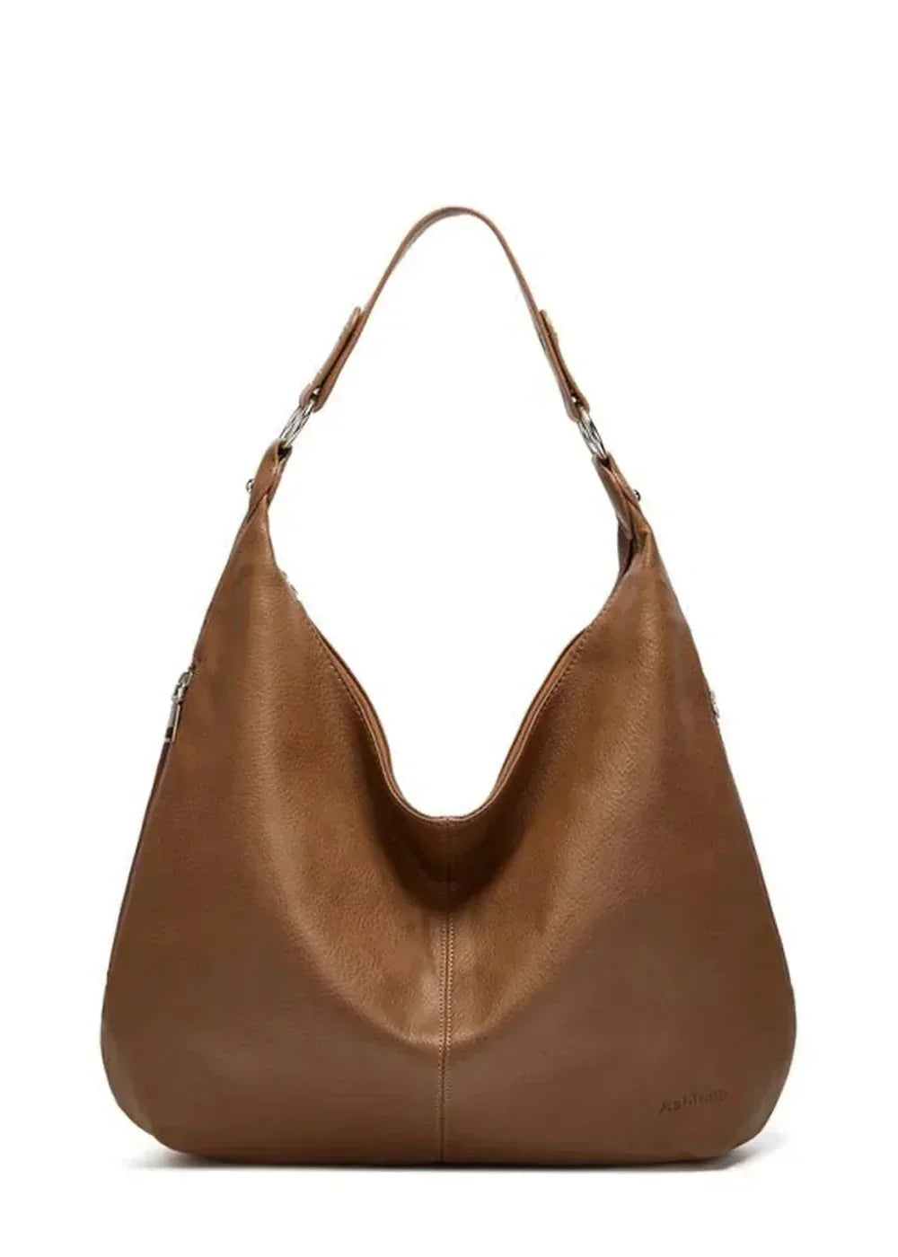 Brown faux leather hobo bag with silver hardware and a subtle embossed logo on the side.