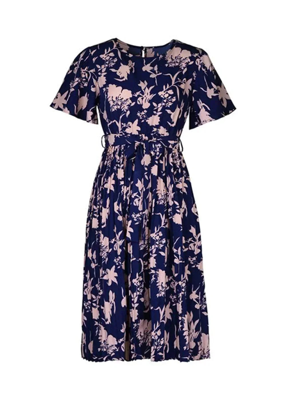 Navy blue dress with a light pink floral print, short sleeves, and a tie waist.