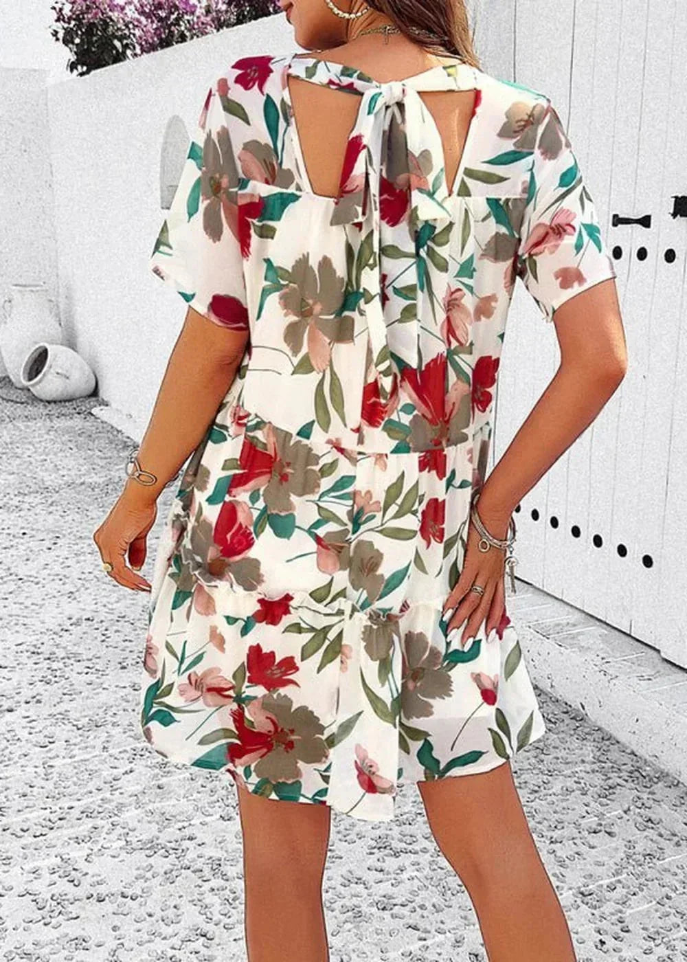 Green floral print short sleeve dress