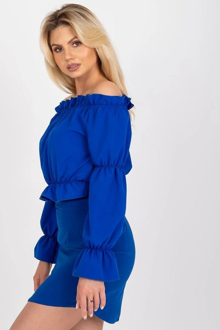 Royal blue off-the-shoulder top with ruffled neckline and bell sleeves.
