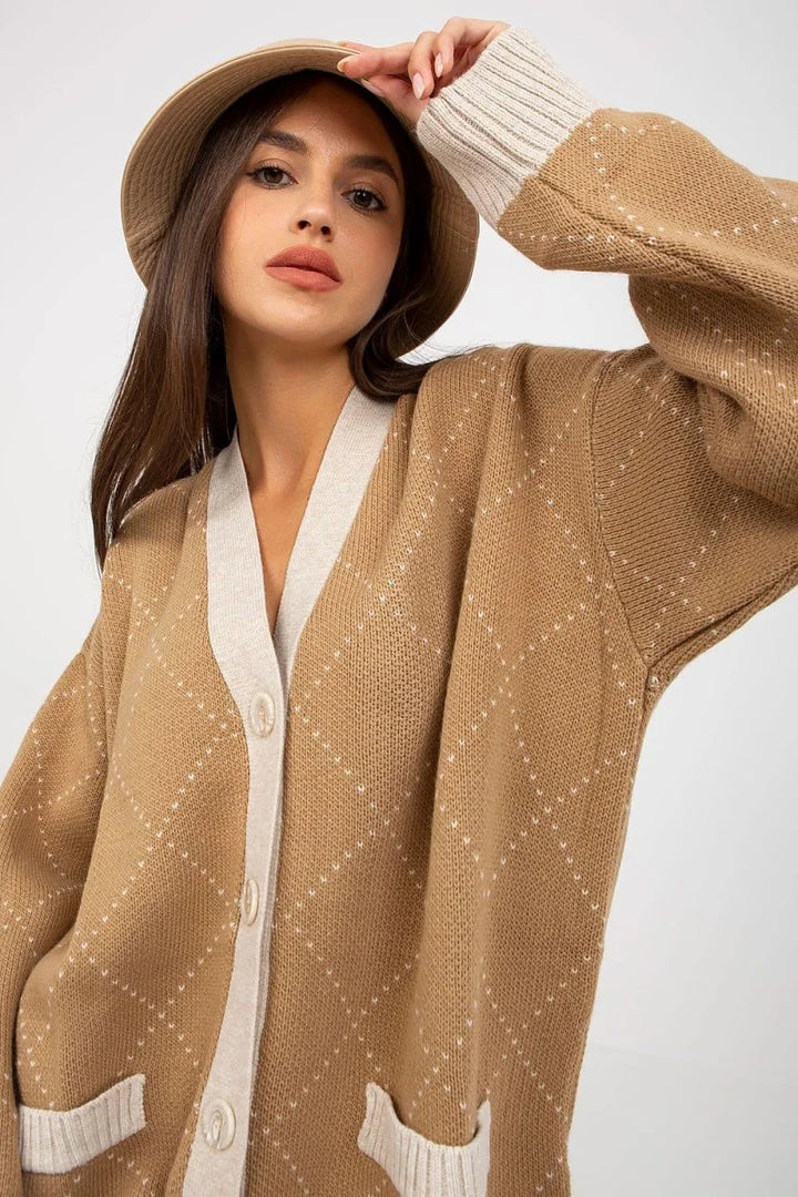 Brown argyle knit cardigan with cream trim and button closure