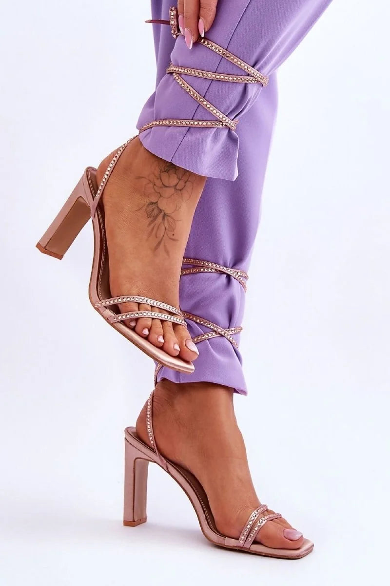 Strappy Sandals with Rhinestones and Fabric Heel