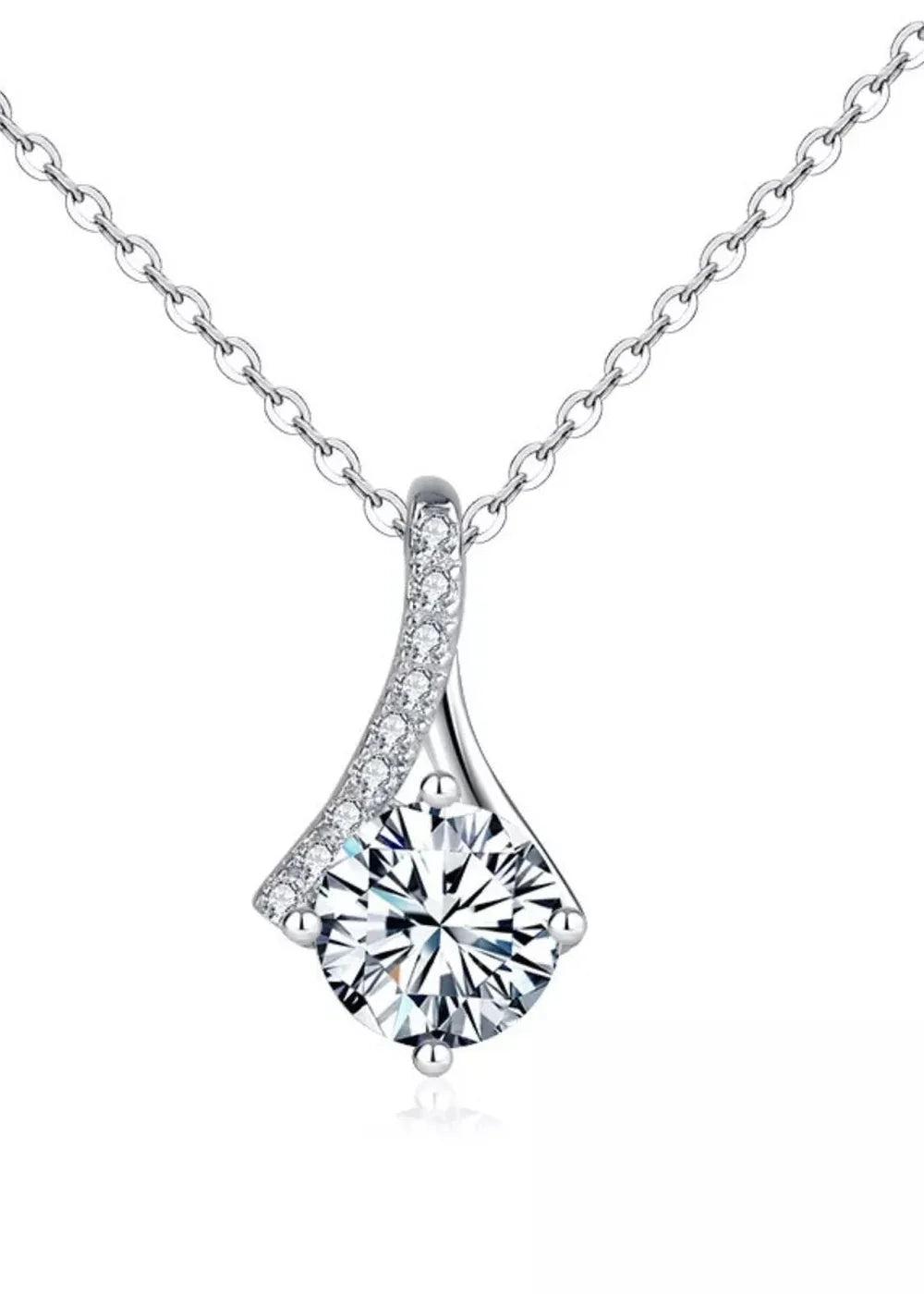 Sterling silver pendant necklace with a large round moissanite and a curved bail adorned with small diamonds.