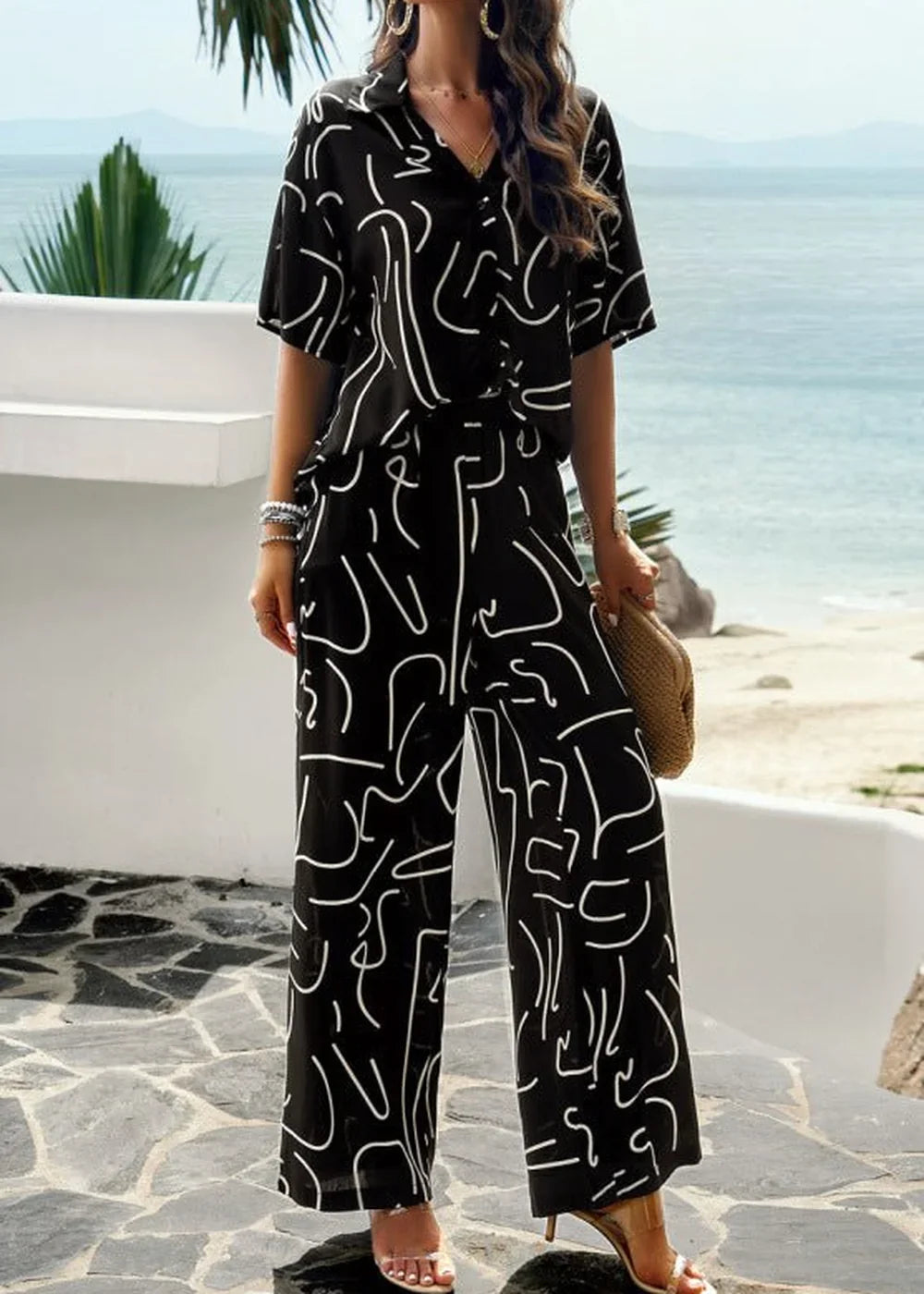 Black printed short sleeve trousers two-piece suit