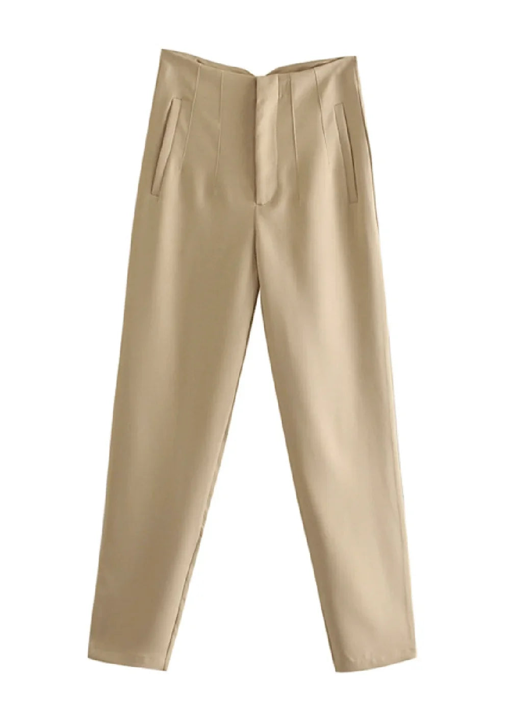 Khaki tailored trousers with pleats and pocket details, full length.