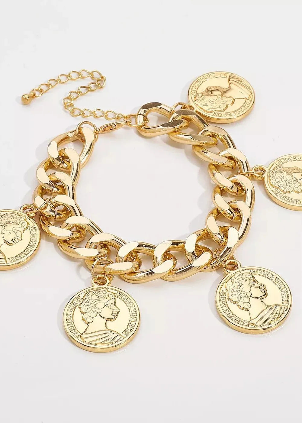 Gold-plated chain bracelet with coin charms, showcasing intricate profiles.