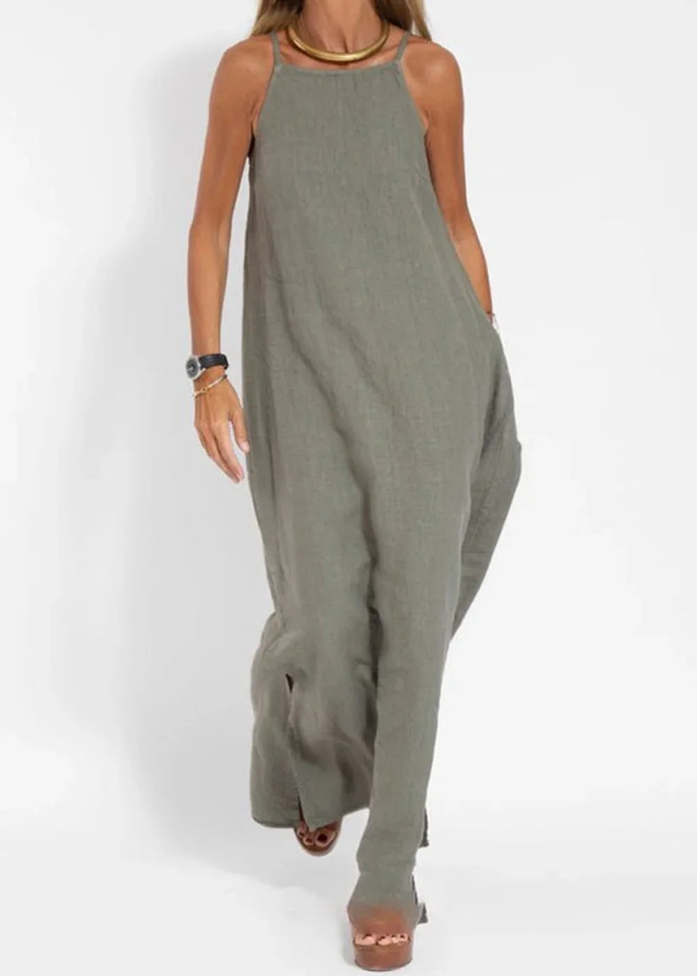 Olive green maxi dress with spaghetti straps and side slits, on a white background.