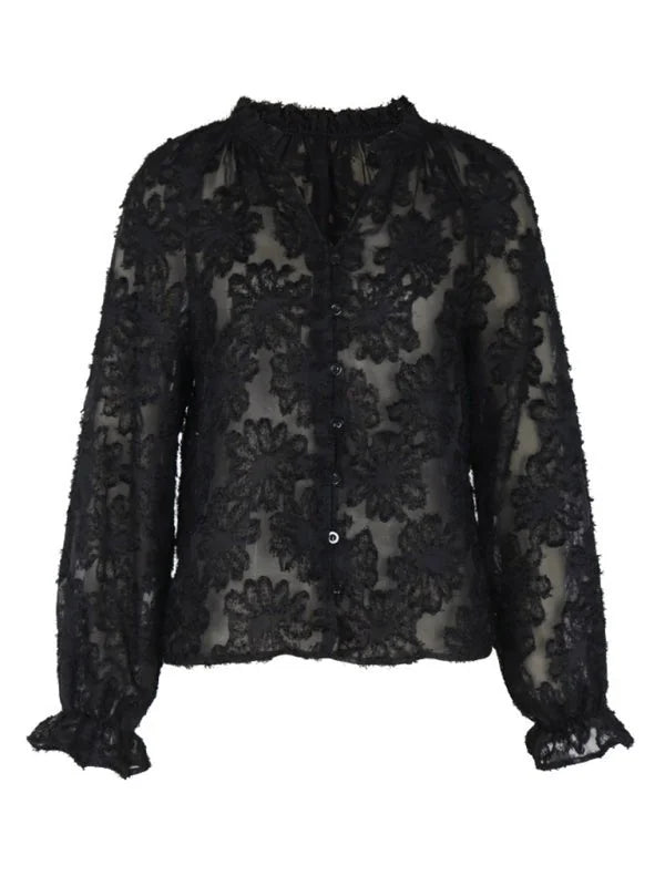 Black sheer floral lace blouse with a ruffled collar and button front.
