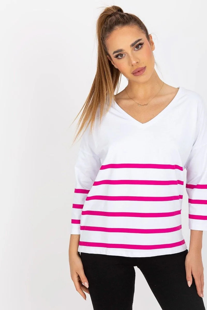White v-neck top with hot pink horizontal stripes on the sleeves and chest, on a white background.