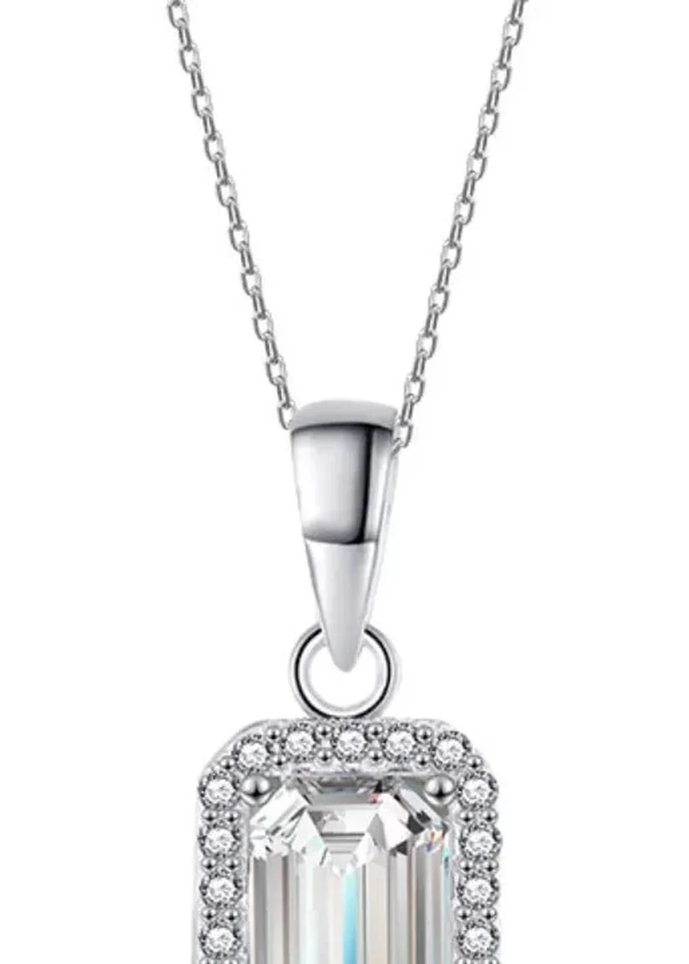 Platinum-plated sterling silver necklace with a rectangular moissanite pendant surrounded by small, sparkling stones.