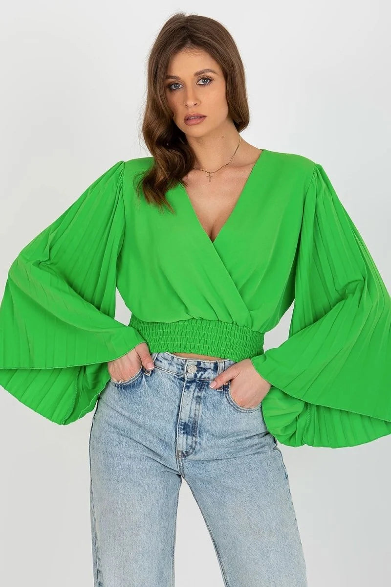 Pleated sleeve envelope neck blouse in green