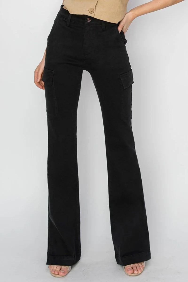 Black high-waisted flare cargo pants with a slightly stretchy fit.