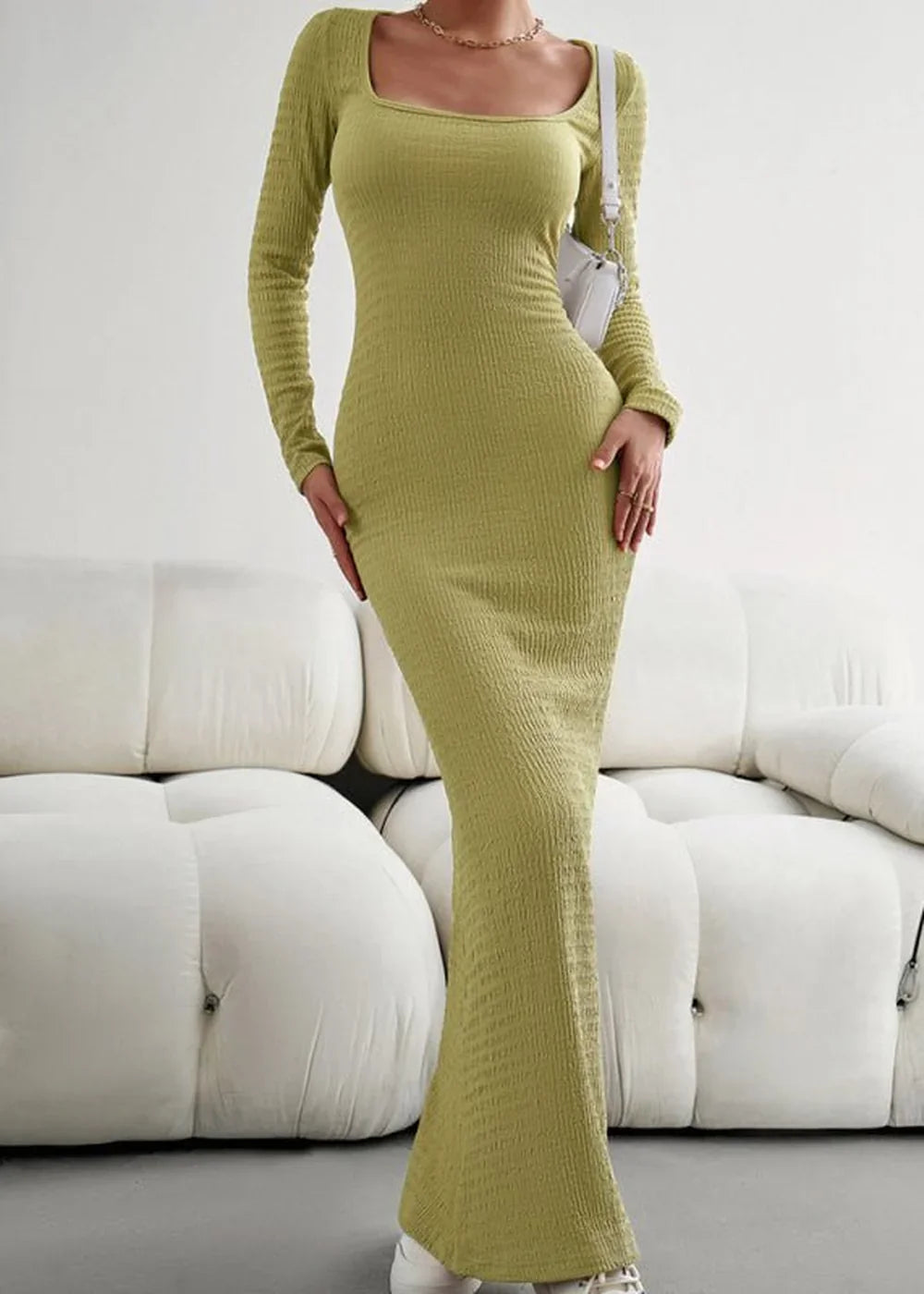 Lime green ribbed maxi dress with long sleeves and a square neckline, fitted on a model.