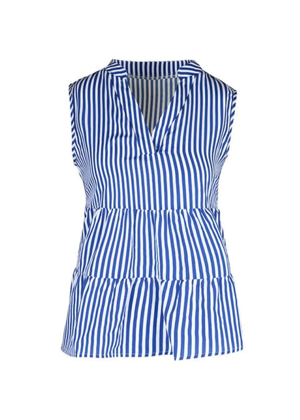 Sleeveless blue and white striped tiered v-neck top.