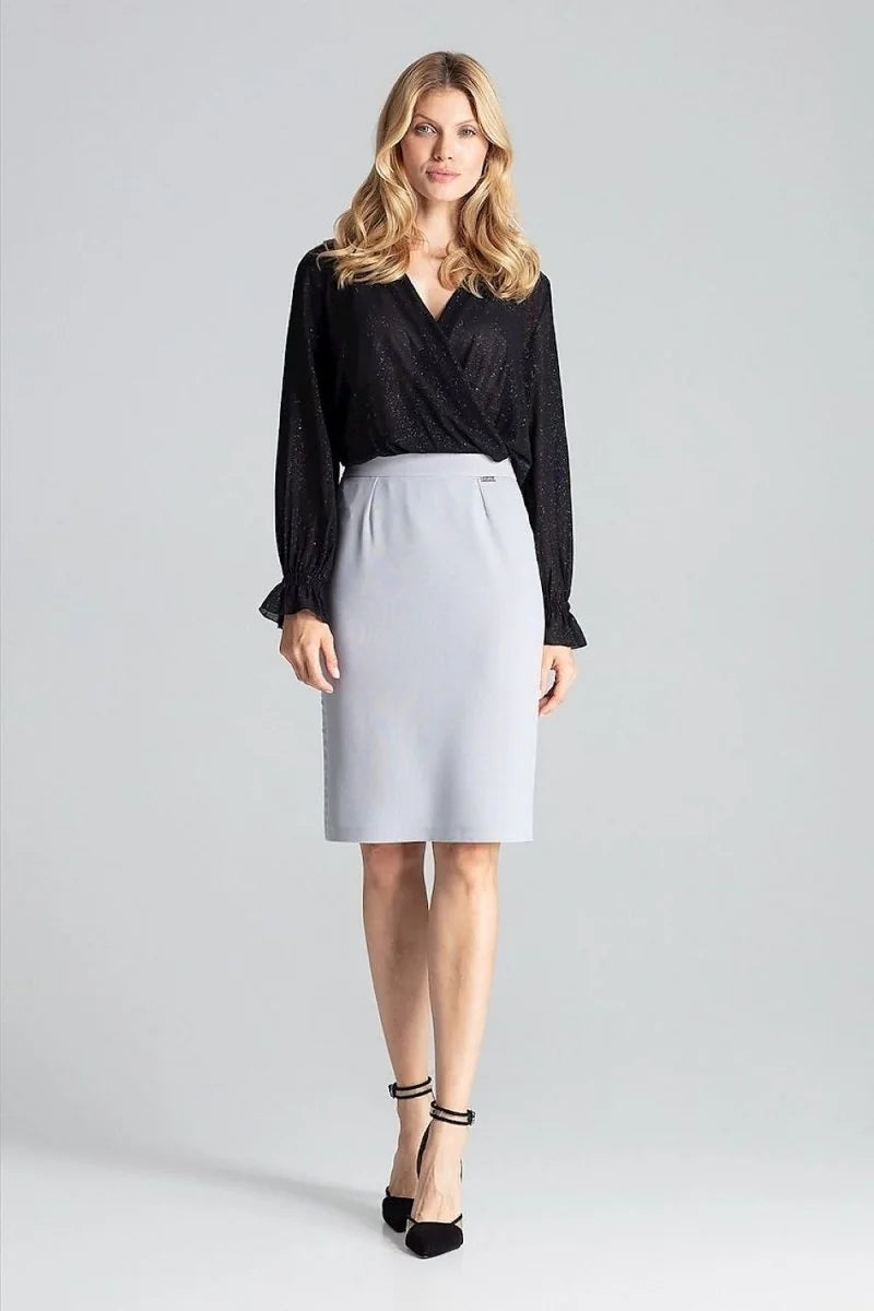 Light gray pencil skirt with a sleek, tailored fit, on a model.