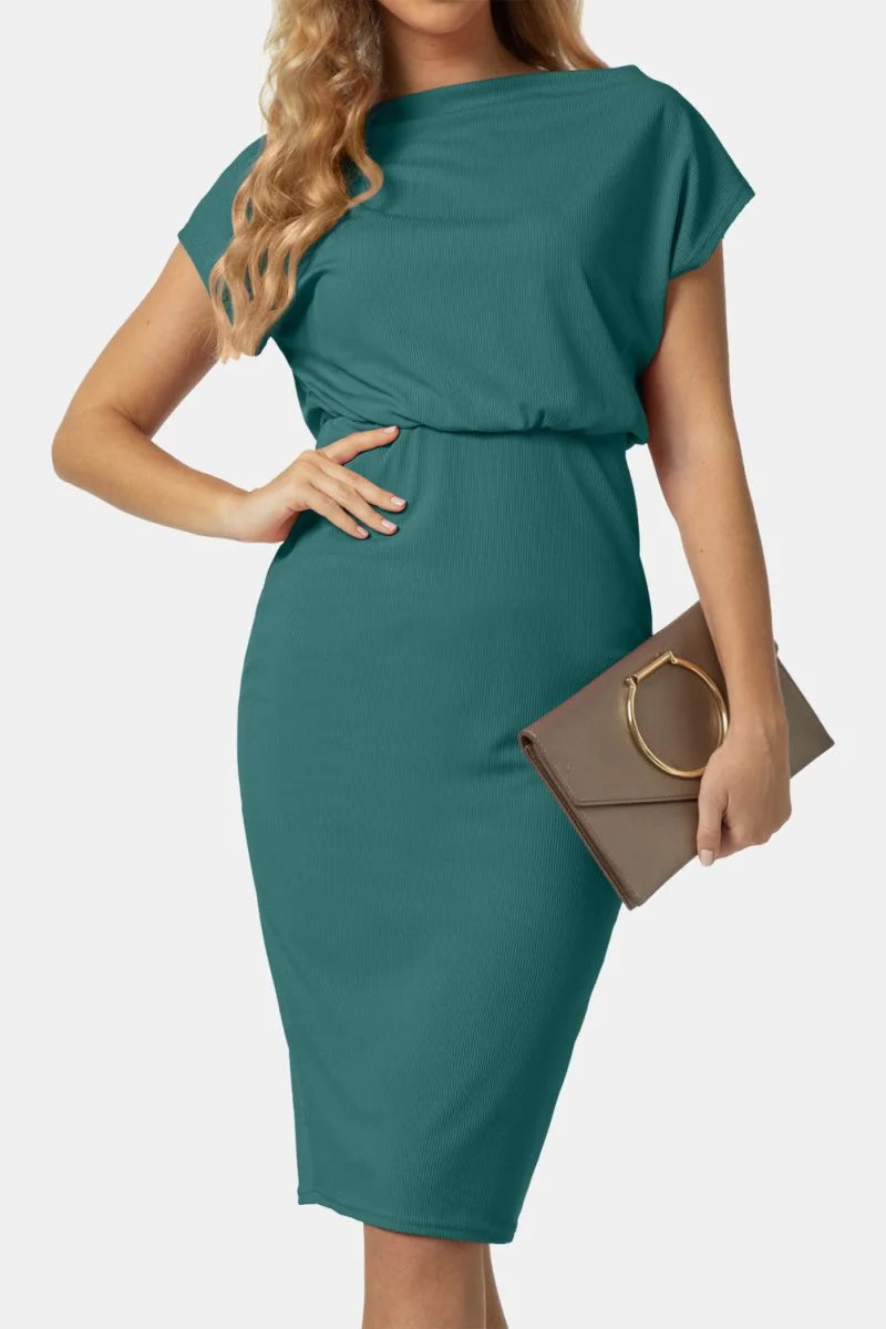 Tan boat neck knee-length dress