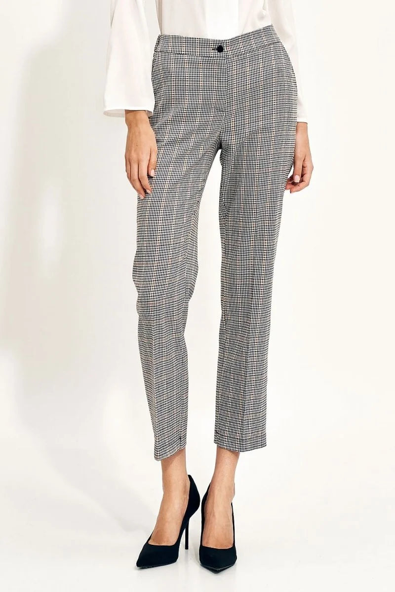Brown and black checkered pants with a regular fit and a single button closure.