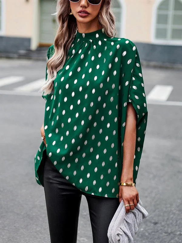 Green long sleeve blouse with golden polka dots