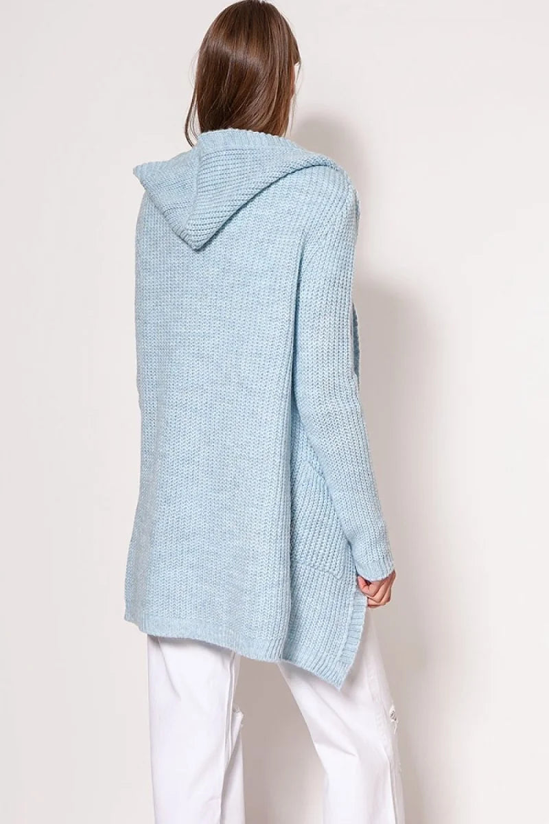 Light blue chunky knit hooded cardigan with a relaxed fit and side pockets.