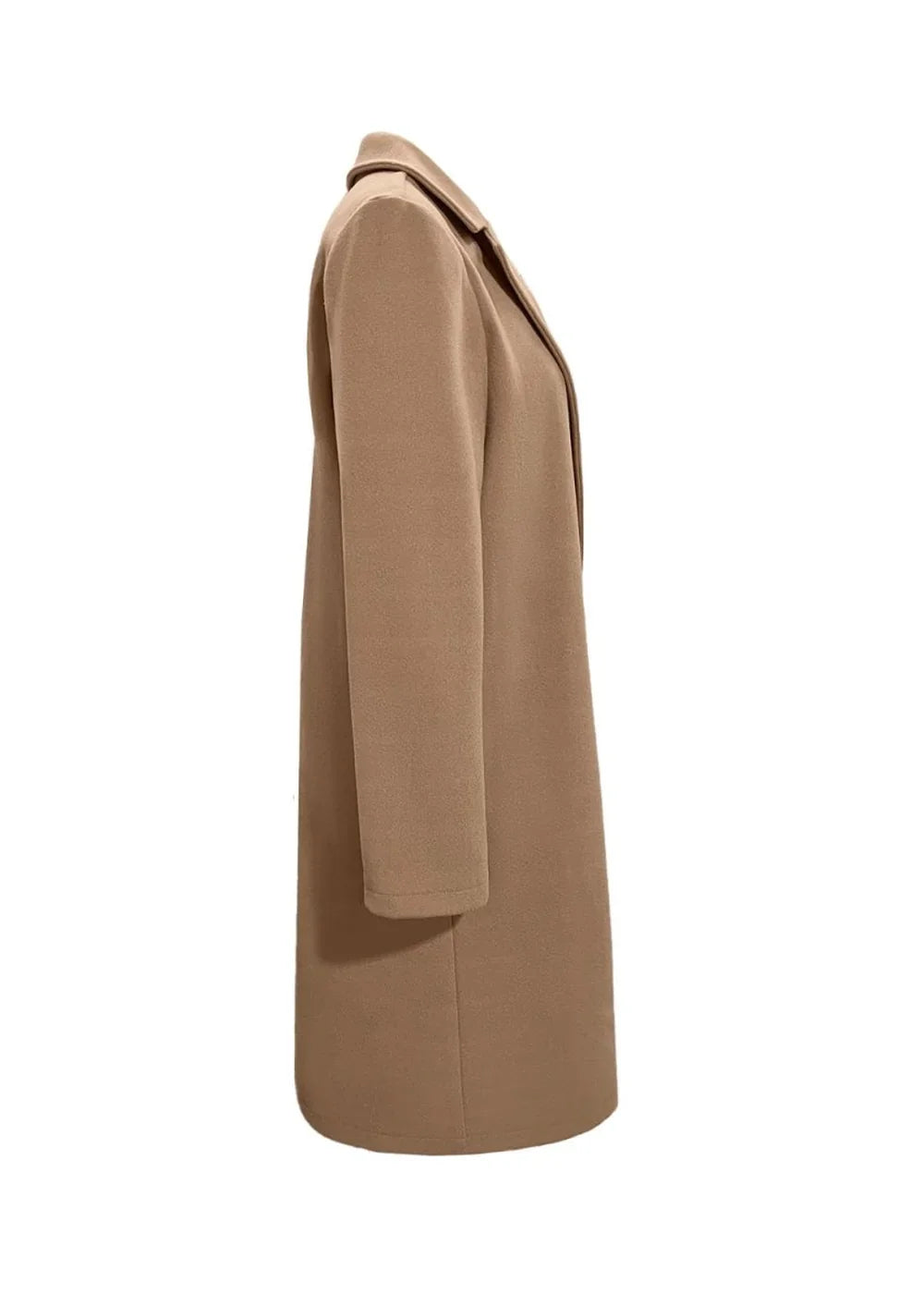 Side view of a tan polyester and elastane long coat with a notched lapel and regular fit.