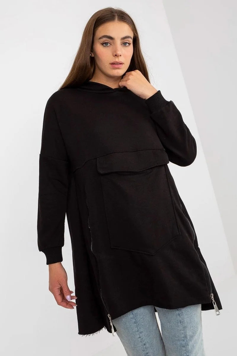 Black oversized hoodie with a large front pocket and zipper details on the sides.