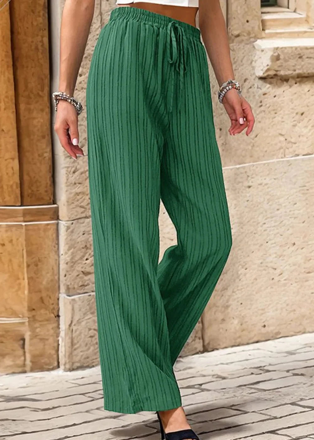 Coffee pleated textured elastic straight pants