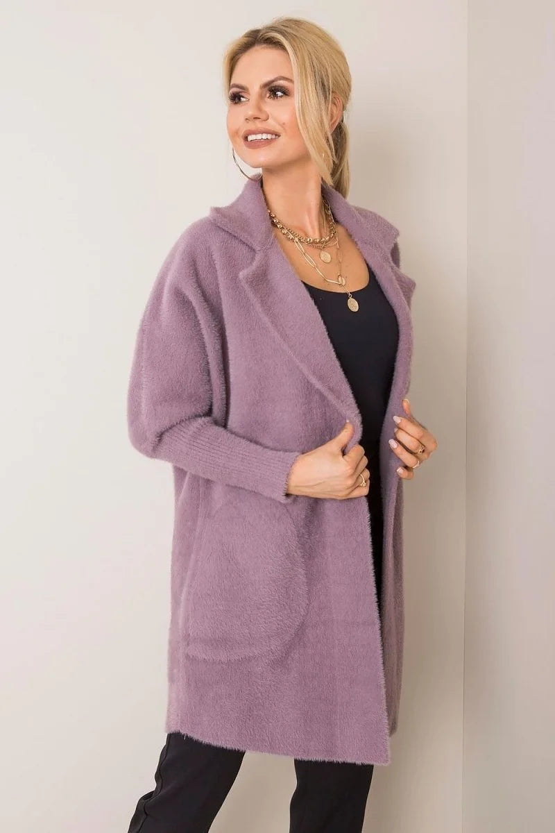 Lavender angora blend cardigan with pockets and lapel, worn by a model.