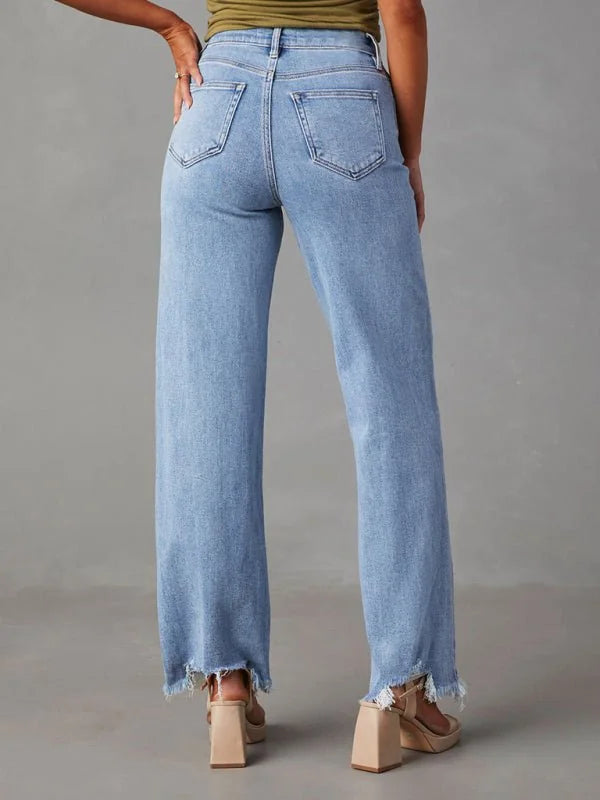 Light wash denim jeans with frayed hems and a wide-leg fit, shown from the back.