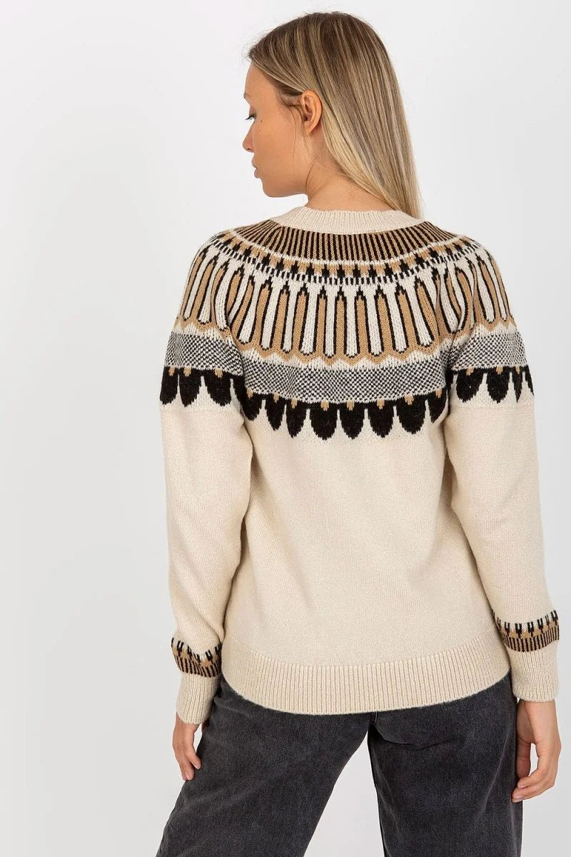Cream sweater with geometric pattern on neckline and sleeves, regular fit, long sleeves.
