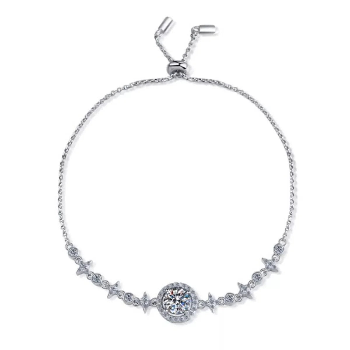 Silver bolo bracelet with a central round-cut diamond surrounded by smaller stones and starburst accents.
