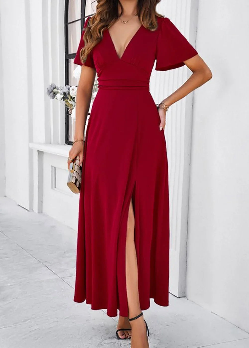 Wine cable-knit V-neck mini sweater dress