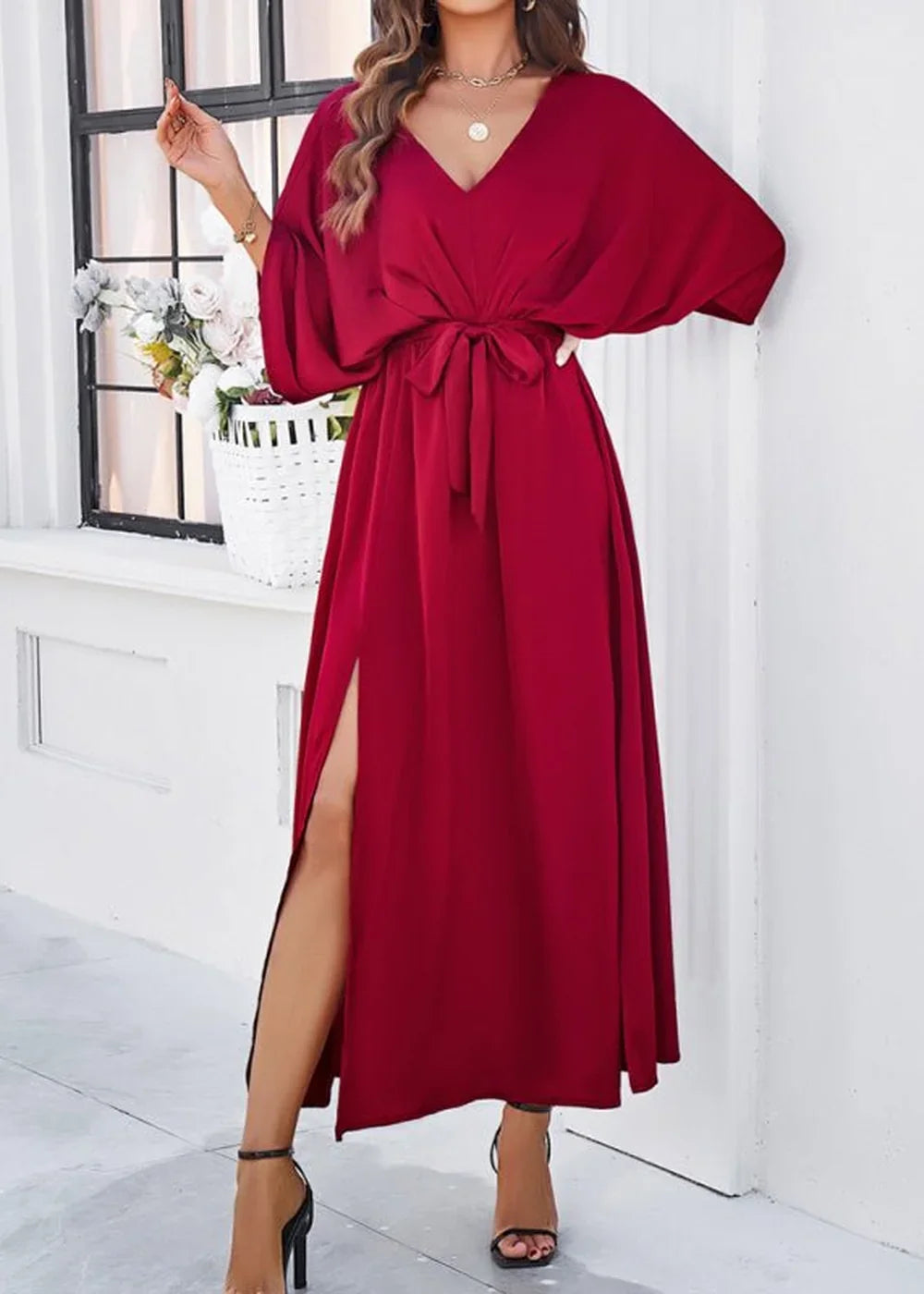 Green V-neck loose dress