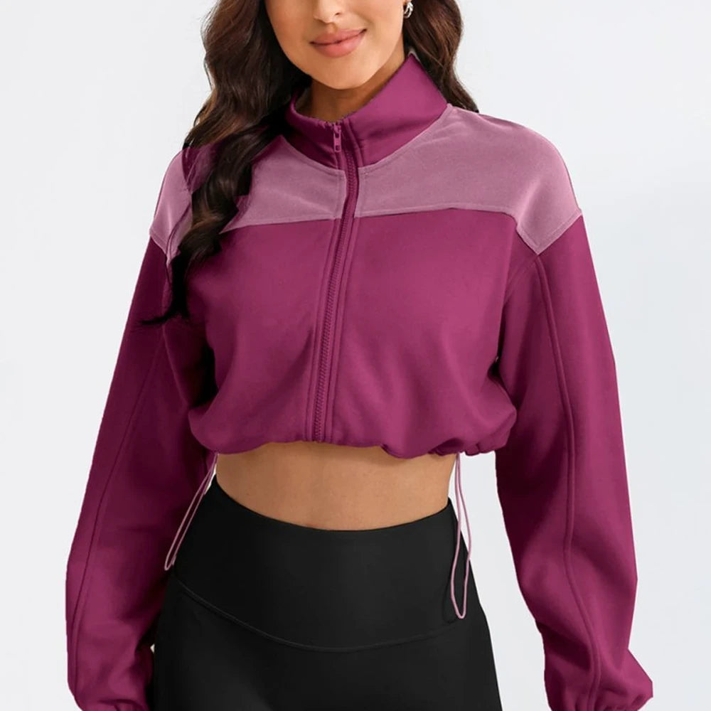 Contrast Drawstring Zip Up Jacket