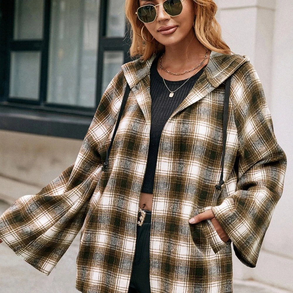 Women's Plaid Hooded Jacket with Pockets
