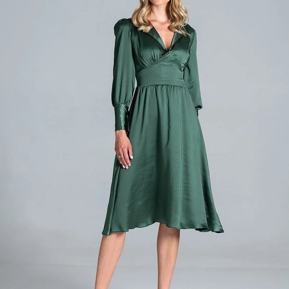Midi Satin Dress with Lapel Neckline