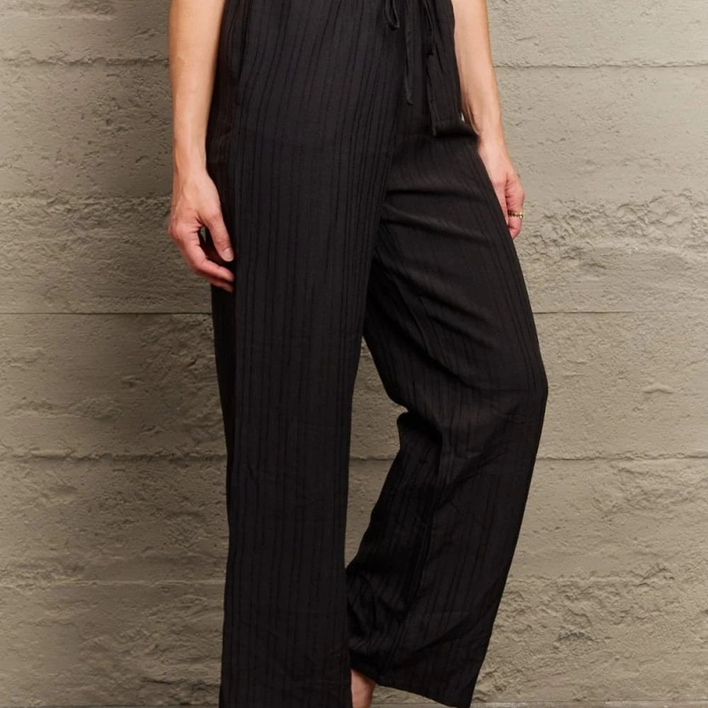 Solid Tie Waist Long Pants
