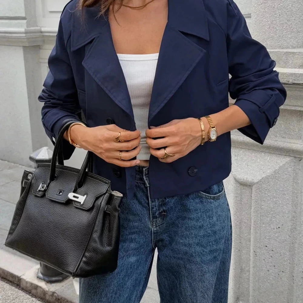 Cropped Double-Breasted Jacket with Raglan Sleeves