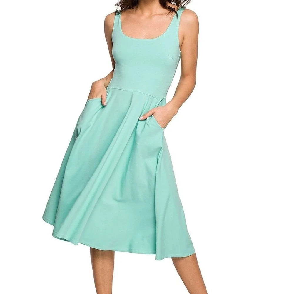 Cotton Dress Thin Straps Flared Bottom Pockets