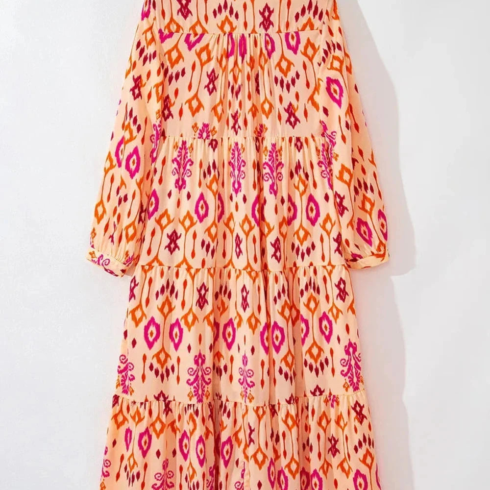 Tiered Printed Notched Long Sleeve Midi Dress