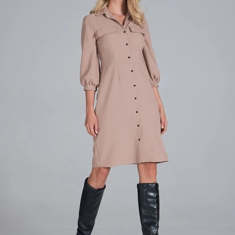 Midi Shirt Dress with Collar and 3/4 Sleeves