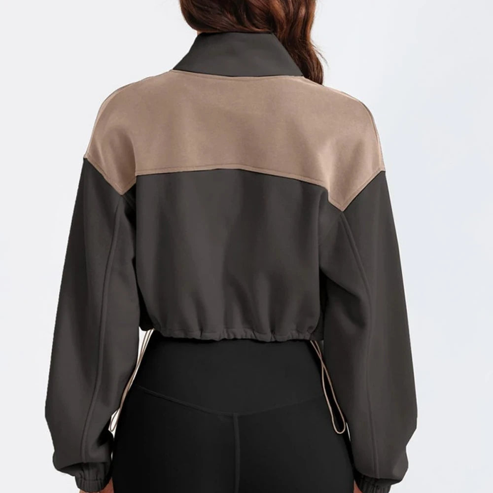 Contrast Drawstring Zip Up Jacket